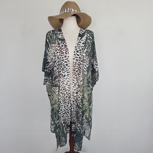 Rachel Zoe Tropical Print Sheer Cardigan Kimono With Matching Hat Size OS